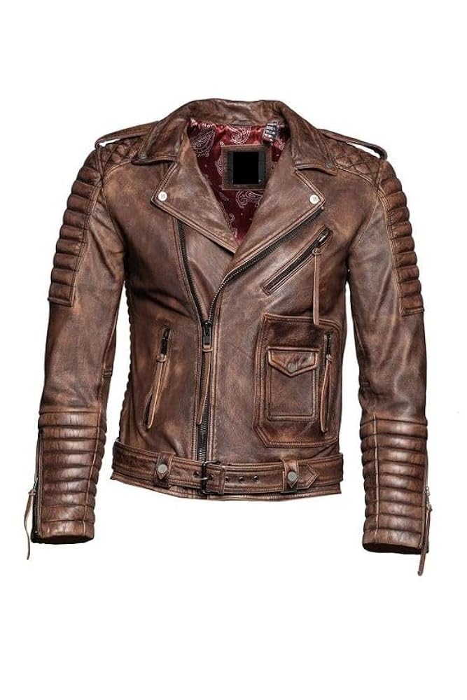 Men Leather Jacket Motorcycle Slim Fit Vintage Biker Genuine
